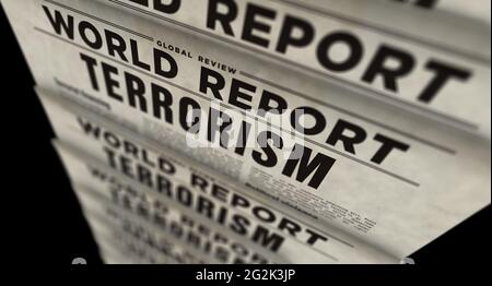 Bericht über Terrorismus und politische Gewalt in der Welt. Zeitungsdruck. Abstraktes Konzept der Vintage-Presse. Retro-3d-Rendering-Illustration. Stockfoto