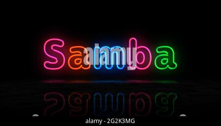 Samba Symbol Neonsymbol. Glühbirnen in hellen Farben mit Schild für das Tanzfestival in Brasilien Rio de Janeiro. Abstraktes Konzept 3d-Illustration. Stockfoto