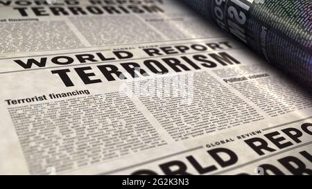 Bericht über Terrorismus und politische Gewalt in der Welt. Zeitungsdruck. Abstraktes Konzept der Vintage-Presse. Retro-3d-Rendering-Illustration. Stockfoto