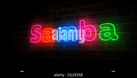 Samba Symbol Neonsymbol. Glühbirnen in hellen Farben mit Schild für das Tanzfestival in Brasilien Rio de Janeiro. Abstraktes Konzept 3d-Illustration. Stockfoto
