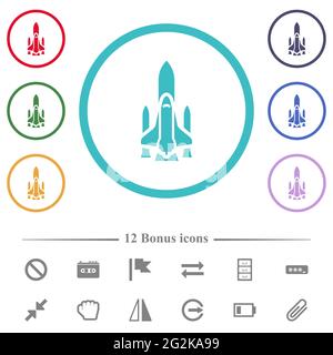 Space Shuttle mit Trägerraketen flache Farb-Symbole in kreisförmigen Konturen. 12 Bonus-Symbole enthalten. Stock Vektor