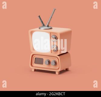 Retro-Fernseher, einfaches Icon-Modell mit weißem Bildschirm. 3d-Darstellung auf pastellfarbenem Hintergrund. Weiche Schatten Stockfoto