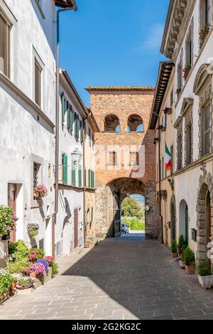 Die antike Porta Fiorentina im historischen Zentrum von Montecarlo, Lucca, Italien, an einem sonnigen Tag Stockfoto