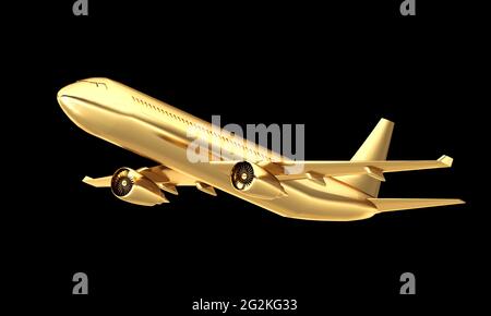 Goldenes Flugzeug isoliert auf schwarzem Hintergrund. Teures Reisekonzept. 3d-Rendering. Stockfoto