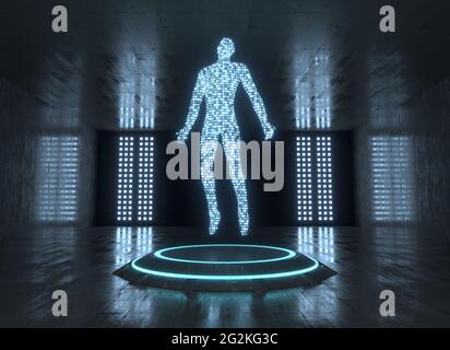 Dunkler Sci-Fi-Raum mit Neon-Plattform und digitalem Mann darauf. 3d-Rendering. Stockfoto