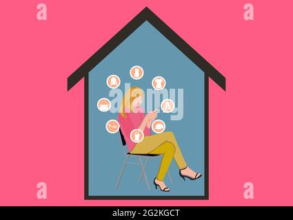 Online-Shopping mit Frau mit Smartphone-Shopping in einem Trolley-out mobile, Konzept mobile Store Anwendung Marketing digital Stock Vektor