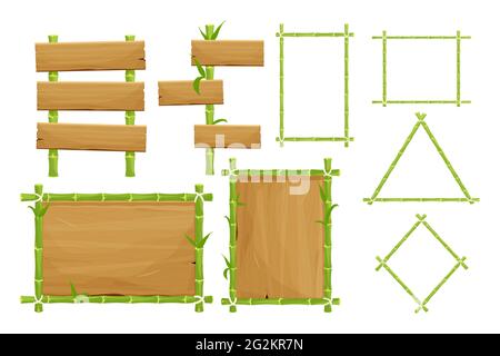 Set aus grünen Bambus-Rahmen, Schilder aus Holzplanken in Cartoon-Stil isoliert auf weißem Hintergrund. Kollektion asiatische Dekorationen mit Blättern und Stock Vektor