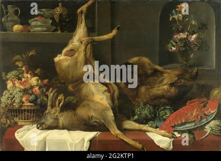 Frans Snyders - Stillleben mit einem Hirn ein Wildschwein Kopf Früchte und Blumen Stockfoto