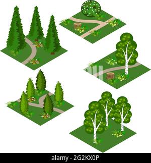 Isometrisches Kachelset für Landschaft. Cartoon oder Spiel Asset, um Wald oder Gartenlandschaft Szene zu schaffen. Isolierte isometrische Fliesen mit Bäumen, Blumen, Sträuchern a Stock Vektor