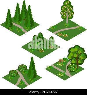 Isometrisches Kachelset für Landschaft. Cartoon oder Spiel Asset, um Wald oder Gartenlandschaft Szene zu schaffen. Isolierte isometrische Fliesen mit Bäumen, Blumen, Sträuchern a Stock Vektor