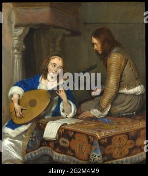 Gerard Ter Borch - eine Frau, die die Theorbo-Laute spielt, und eine Kavalierin Stockfoto