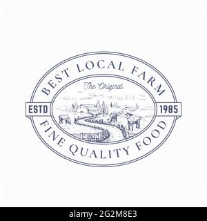 Local Farm Products Retro Frame Badge oder Logo-Vorlage. Handgezeichnete ländliche Farmlandschaft Skizze mit grasenden Kühen, Retro Typografie und Grenzen Stock Vektor