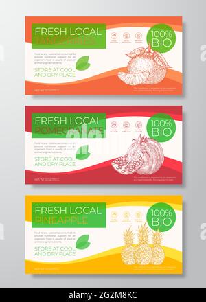 Set Mit Etiketten Für Frische Früchte. Abstrakte Vektor Verpackung Horizontales Design Layouts Sammlung. Moderne Typografie Banner mit Mandarinen Stock Vektor