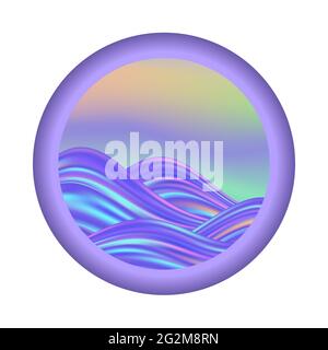 Sonnenuntergang Meereswellen, holographisches farbenes Emblem, Regenbogen-Pastellmuster. Logo für Reisen oder Tourismus, Vektorgrafik Stock Vektor