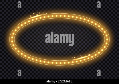 LED-Leuchtrahmen mit Neon-Leuchteffekt. Goldener, glänzender Rand, ovellförmige Ringform. sith-Diodenanfackel. Isoliert auf transparentem Hintergrund. Vektorgrafik Stock Vektor