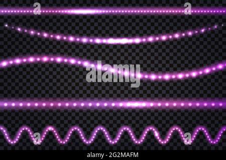 LED-Lichtgirlanden mit Neon-Glow-Effekt, Glitzerlicht-Set aus Linien, beleuchtete Streifen und Wellen, isolierte Bänder auf transparentem Hintergrund. Vektor Stock Vektor