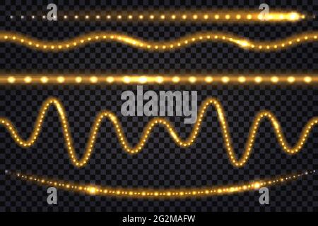 LED-Lichtgirlanden mit goldenem Neon-Leuchteffekt und schimmerndem Glitzerlicht Satz von Linien, beleuchteten Streifen und Wellen, isolierten Bändern auf transparenter Rückseite Stock Vektor