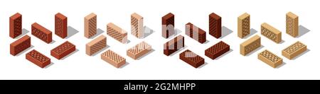 3d Isometrische Ziegel, isolierte Ziegel für den Mauerbau. Bunte durchgehende Blöcke, Satz von Symbolen. Vektorgrafik Stock Vektor