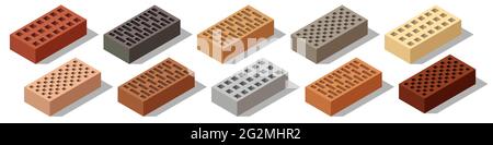 Isometrische Ziegel isoliert. Set von bunten 3d-Ziegeln für Bau und Bau. Objekte mit Schatten auf weißem Hintergrund Stock Vektor