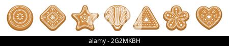 Set Ingwerbrot-Kekse. Weihnachten traditionelle Süßigkeiten isoliert auf weißem Hintergrund. Verschiedene Formen, Kreis, Stern, Herz, Dreieck, Blume. Vektor Stock Vektor