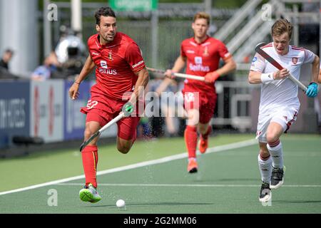 AMSTELVEEN, NIEDERLANDE - 12. JUNI: Simon Gougnard aus Belgien während der Europameisterschaft Männer-Match zwischen England und Belgien im Wagener Stadion am 12. Juni 2021 in Amstelveen, Niederlande (Foto: Gerrit van Keulen/Orange PicBilder) Stockfoto