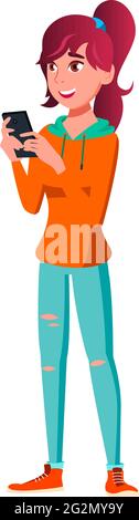 Lustige Mädchen machen, um Lebensmittel online auf Handy Cartoon-Vektor Stock Vektor