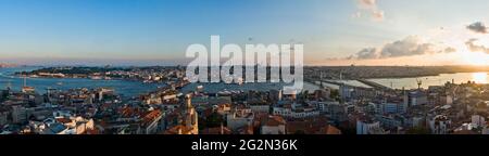 Panoramablick auf die Skyline von Istanbul vom Galata Tower aus. Moscheen, historische Gebäude der Stadt: Aya Sofya, Topkapi Sarayi, Blaue Moschee Stockfoto