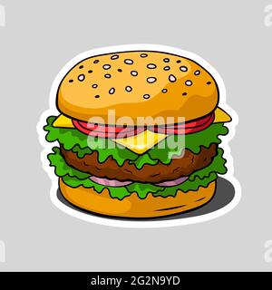 Hamburger Vektorgrafik. Flacher Cheeseburger-Aufkleber, Fastfood-Symbol Stock Vektor