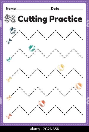 Kinder schneiden Aktivität für Vorschule und Kindergarten Kinder, um das Papier mit einer Schere schneiden, um die motorischen Fähigkeiten zu verbessern, Koordination und entwickeln kleine m Stock Vektor