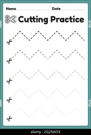 Schneiden im Kindergarten Üben Sie Kinder, das Papier mit einer Schere zu schneiden, um die motorischen Fähigkeiten zu verbessern, die Koordination zu verbessern und kleine Muskeln für Kindergartenkinder zu entwickeln Stock Vektor