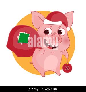 Cute Cartoon Schwein in Santa Hut mit einer Tasche von Geschenken. Vektorgrafik Stock Vektor