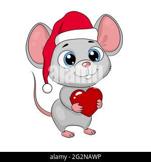 Niedliche Cartoon-Maus in einem weihnachtsmann Hut mit einem Herzen. Neujahrskarte, Vektorgrafik Stock Vektor