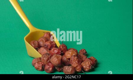 Frische orangene Zitrusfrüchte mit isolierten Blättern auf gelbem Hintergrund. Saftig und süß und bekannt für seine Konzentration an Vitamin C. Stockfoto