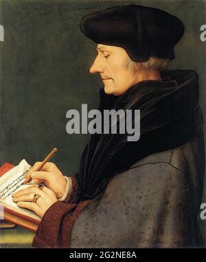 Hans Holbein der Jüngere - Portrait Erasmus Rotterdam Schreiben 1523 Stockfoto