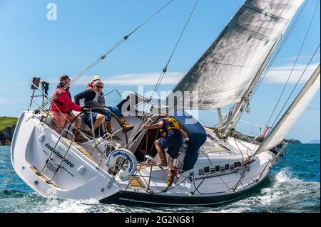 Schull, West Cork, Irland. Juni 2021. An einem Tag von blauem Himmel und strahlendem Sonnenschein hielt der Schull Harbour Sailing Club heute sein erstes Rennen der Saison ab. Rund 10 Yachten traten an dem Rennen an, das in und um Schull mit den Booten rund um Long Island ausgetragen wurde. Quelle: AG News/Alamy Live News Stockfoto