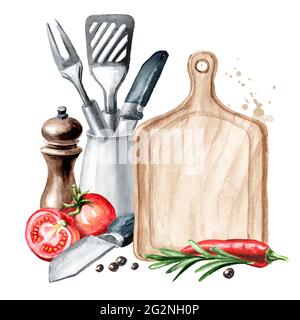 Kochkonzept-Vorlage. Holzschneidebrett mit Kopierplatz und Gemüse mit Küchenutensilien. Aquarell handgezeichnete Illustration isoliert auf Whi Stockfoto