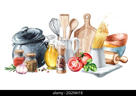 Kochkarte mit Küchenutensilien. Aquarell handgezeichnete Illustration isoliert auf weißem Hintergrund Stockfoto