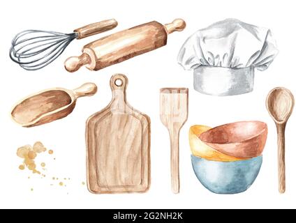 Küche Gebäck Werkzeuge Set. Schneidbrett aus Holz, Löffel, Spachtel, Schneebesen, Schüssel, Kochmütze. Handgezeichnete Aquarellillustration isoliert auf weißem Hintergrund Stockfoto