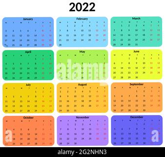 Kalender 2022 Jahr. Vektor-Design bunte Vorlage auf weißem Hintergrund für Organisation und Geschäft. Die Woche Beginnt Am Montag. Stock Vektor