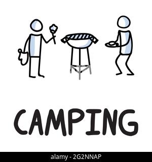 Stick-Figuren-Ikone des Outdoor-Campings. Feiertagspiktogramm mit Text Stock Vektor