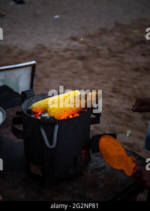 Süßer Mais auf Kohle mit selektiver Fokussierung. Leckere Snacks. Maiskolben gegrillt. Beliebte Street Food in Indien. Stockfoto