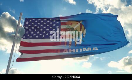 Flagge der USA und des Staates Oklahoma. USA und Oklahoma Gemischte Flagge winken im Wind. 3d-Rendering Stockfoto