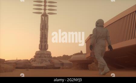 Astronaut auf der Marsoberfläche. Mission zum Mars erkunden. Futuristisches Kolonisierungs- und Weltraumerkundungskonzept. 3d-Rendering Stockfoto