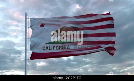 USA und Kalifornien Gemischte Flagge winken im Wind. Kalifornische und US-Flagge auf Fahnenmast. 3d-Rendering Stockfoto