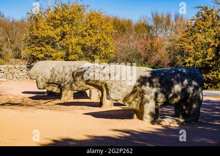 Die Bullen von Guisando, Toros de Guisando, sind eine Reihe von Skulpturen, die sich auf dem Hügel von Guisando in der Gemeinde El Tiemblo, Ávila, befinden. Die vier s Stockfoto