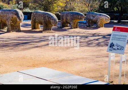 Die Bullen von Guisando, Toros de Guisando, sind eine Reihe von Skulpturen, die sich auf dem Hügel von Guisando in der Gemeinde El Tiemblo, Ávila, befinden. Die vier s Stockfoto