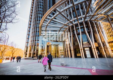 Eingang Torre Europa. Geschäftsviertel von AZCA. Madrid, Spanien, Europa Stockfoto