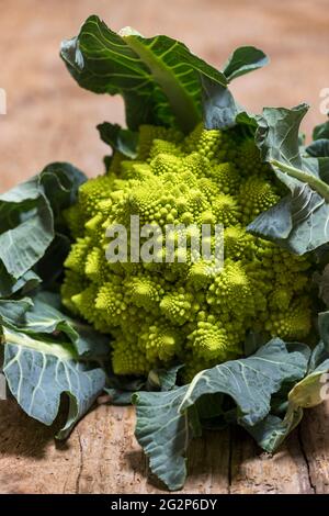 Nahaufnahme eines rohen Romanesco auf Grün Stockfoto