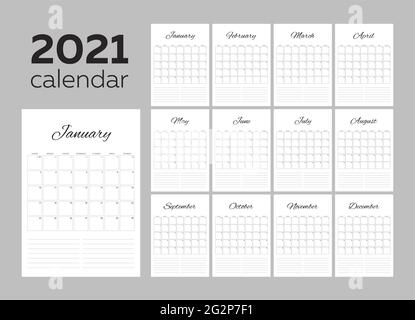 2021 Monatskalender. Moderner minimalistischer schwarz-weißer Kalender-Planer. Die Woche beginnt am Sonntag. Notizen an jedem Tag und jeden Monat Stock Vektor
