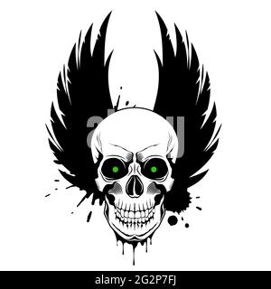 Totenkopf mit grün leuchtenden Augen, Kronenflügeln und Farbspritzern auf weißem Hintergrund. Grunge Vektordarstellung Stock Vektor